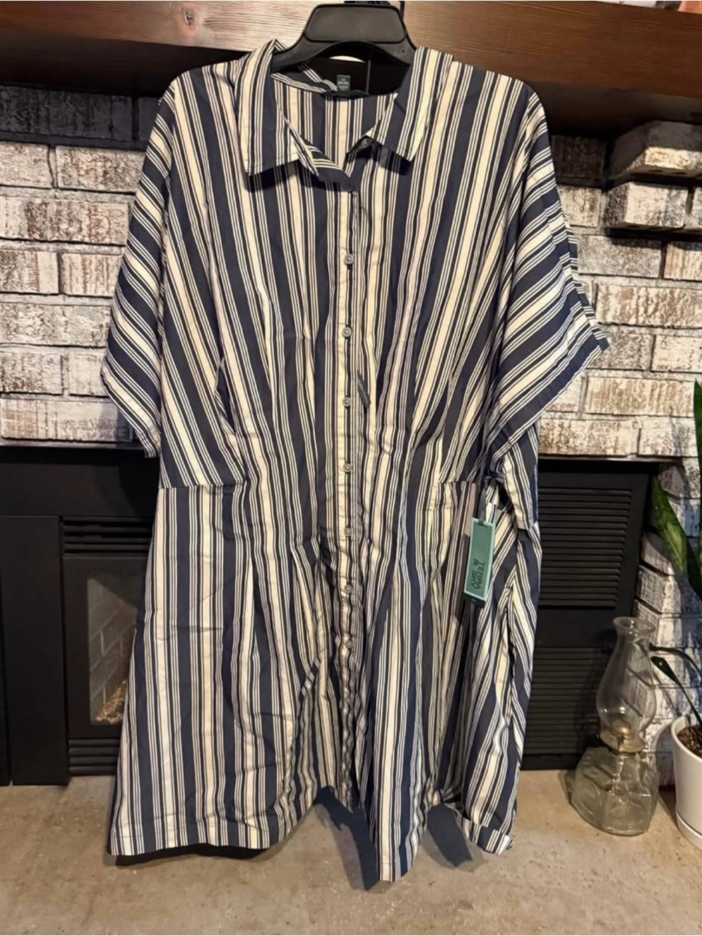 Navy and White Vertical-Strip Shirt Dress